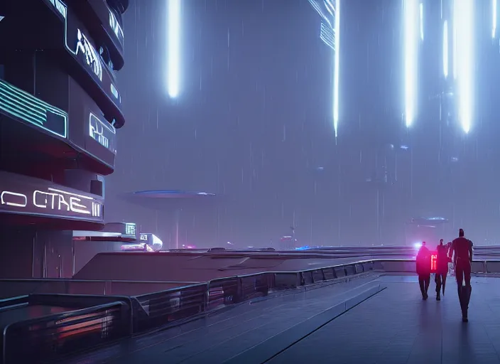 Image similar to a futuristic colony, blade runner 2 0 4 9 city architecture, spacex starship rocket launch site, environmental lighting, stromy weather, ray tracing, people walking in street, amazing view, futuristic, highly detailed, heavy traffic, neon shops, octane render, unreal engine 5, 4 k