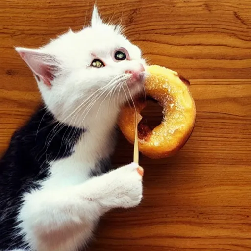 Image similar to a cute cat eating a donut and banana, detailed, realistic