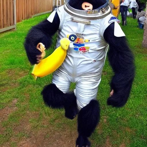 Prompt: a gorilla is a space suit traveling to outer space with his banana friend