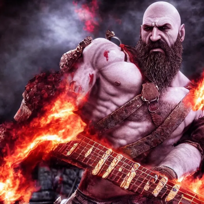 Image similar to kratos rocking out on a flaming stratocaster guitar, cinematic render, god of war 2 0 1 8, playstation studios official media