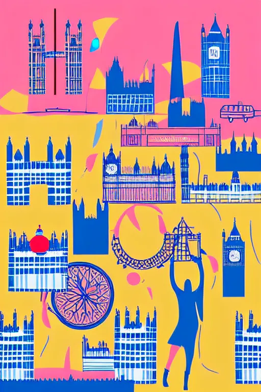 Prompt: minimalist boho style art of colorful london at sunrise, illustration, vector art