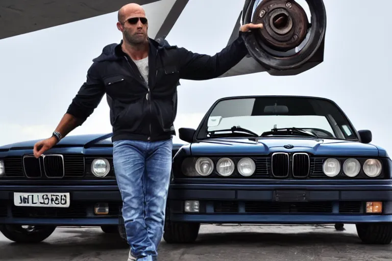 Image similar to Angry Jason Statham lifts BMW e30 that sits above him