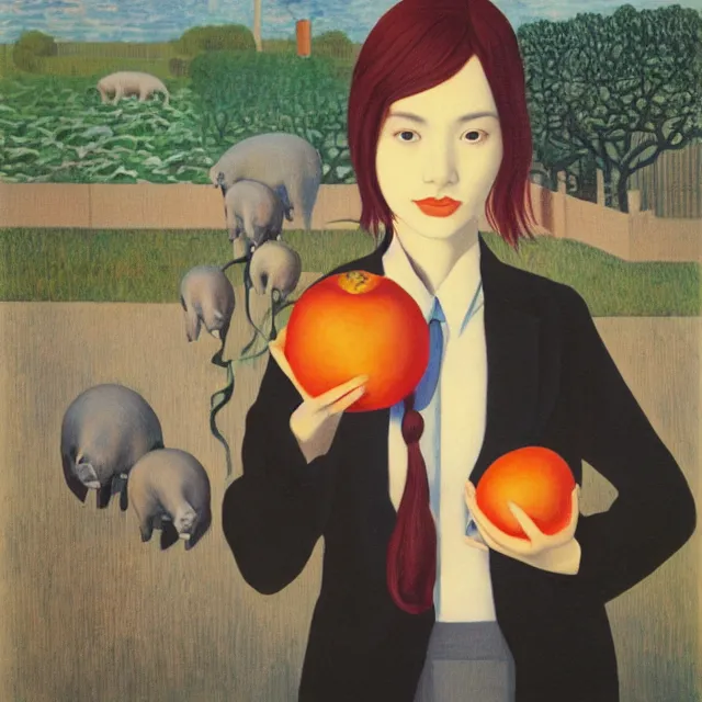 Image similar to tall emo girl artist holding small portraits and a persimmon, tokyo, pigs, octopus, acrylic on canvas, surrealist, by magritte and monet
