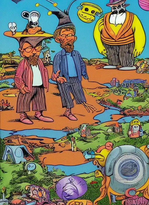 Prompt: dadcore wizards on vacation by basil wolverton and robert crumb in the style of a garbage pail kids card, tarot card, play - doh