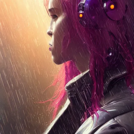 Prompt: very detailed masterpiece painting of a very beautiful wet caucasian young cyberpunk woman with dark purple hair, cyberpunk background, raining, closeup, portrait, artstation, concept art by greg rutkowski