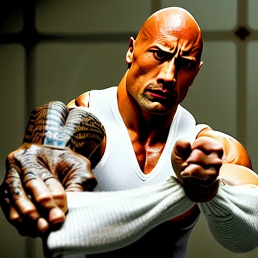 Image similar to film still of dwayne johnson as ip man, pose wing chun style