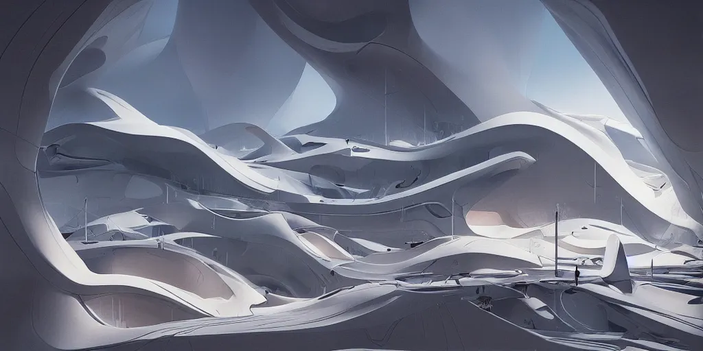 Prompt: landscape painting by james jean with zaha hadid architecture , redshift, octane