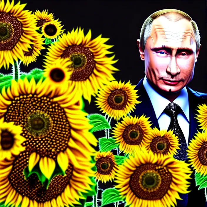 Image similar to photo portrait of Vladimir Putin - sunflowers - dressed in leisure suit with ornamental ethereal sunflower pattern, natural skin tone, highly detailed realistic flowers ornament in the upper side of breast, hair, eyebrows and wrinkles are intricate with highly detailed realistic flowers, elegant, Realistic, Refined, Highly Detailed, natural soft pastel lighting colors scheme, fine art photography by Cecil Beaton, volumetric lighting, hyper realistic photography