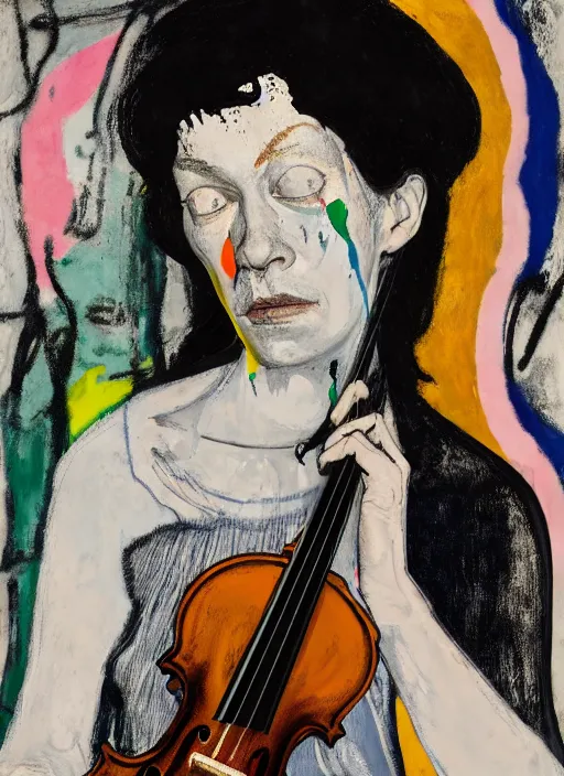 Image similar to front view of woman standing with violin down painted by vincent lefevre and hernan bas and thomas houseago and pat steir and hilma af klint, psychological, photorealistic, symmetrical face, dripping paint, washy brush, rendered in octane, altermodern, masterpiece