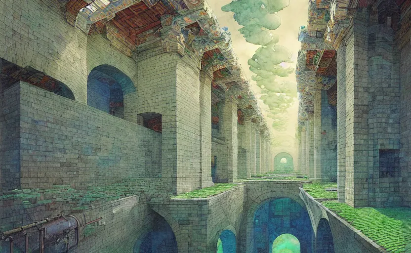 Image similar to tiled room squared waterway, aqueducts, fantasy. intricate, amazing composition, colorful watercolor, by ruan jia, by maxfield parrish, by marc simonetti, by hikari shimoda, by robert hubert, by zhang kechun, illustration, gloomy