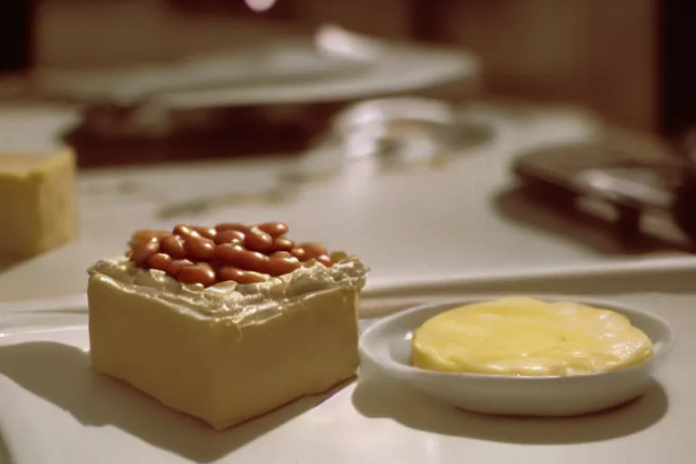 Image similar to yogurt, baked bean and cheese aspic, in 1 9 9 5, y 2 k cybercore, industrial low - light photography, still from a ridley scott movie