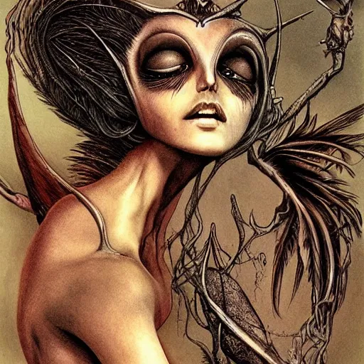 Image similar to detailed illustration of attractive humanoid alien species with beautiful human female face, female human torso, dark fae, black feathers instead of hair, feathers growing out of skin, wings growing out of arms, transformation, floating in zero gravity on starship, brian froud, tim burton, guillermo del toro, science fiction