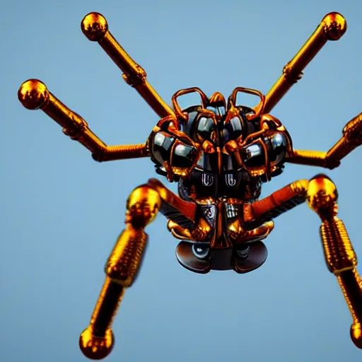 Image similar to mechanical spider robot with eight legs and strings, insane details, sharp focus, octane render