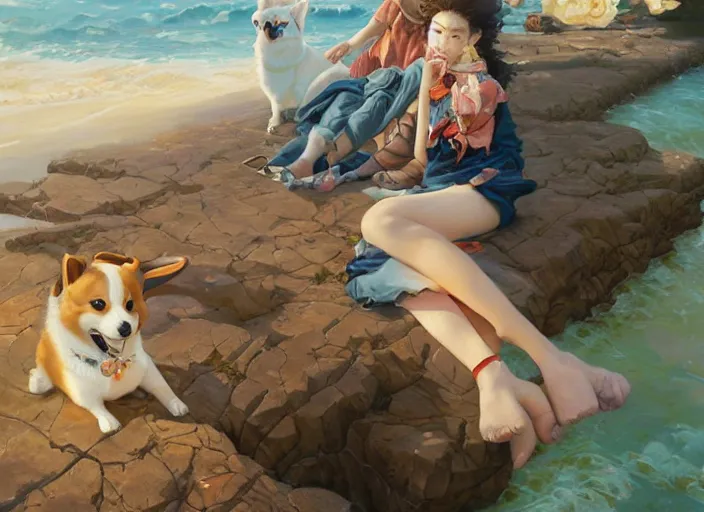 Prompt: beautiful anime painting of a summer chill day with corgi, by Tim Okamura, Victor Nizovtsev, Greg Rutkowski, Noah Bradley. trending on Artstation, 8k, masterpiece, graffiti paint, fine detail, full of color, intricate detail, golden ratio illustration