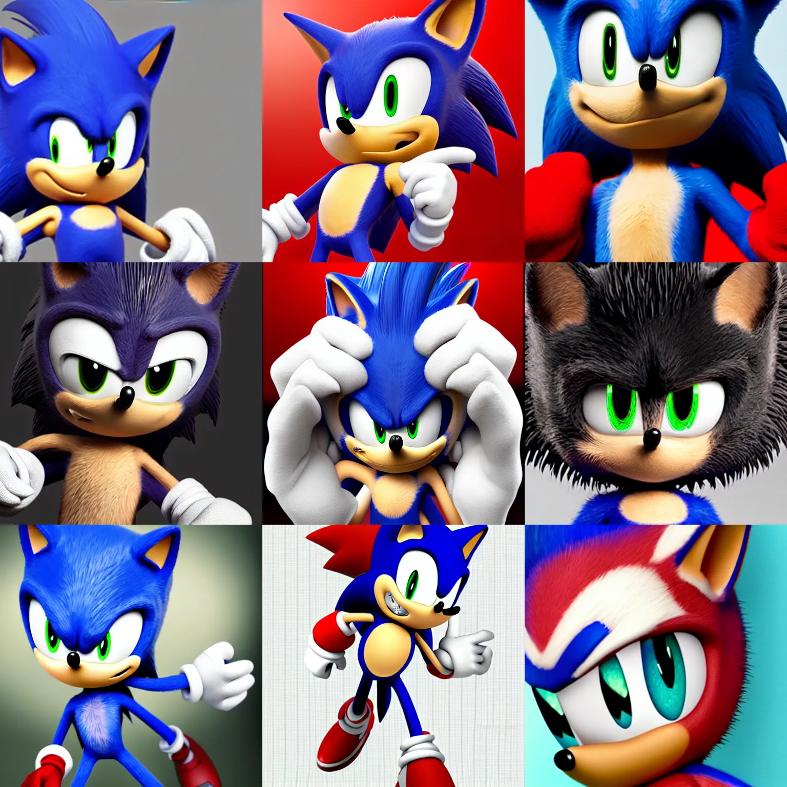 Prompt: sonic the hedgehog with black sclera and bright red pupils, ultra realistic