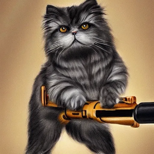 Prompt: a hyper realistic photograph of a persian cat. the persian cat has a determined expression and is holding a bazooka. highly detailed and trending on art station.