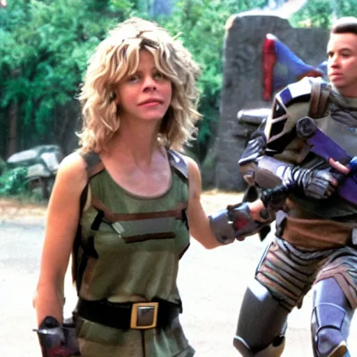 Image similar to Meg Ryan is a soldier fighting in the battlefield dressed as a power ranger