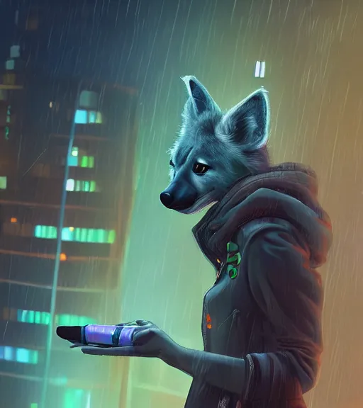 Prompt: digital painting of anthromorphic hyena female smoking cigarrete, fursona, furry fandom, furaffinity, neon rainy cyberpunk setting, anthro, wearing cyberpunk leather jacket, detailed face, blade runner, zootopia style,