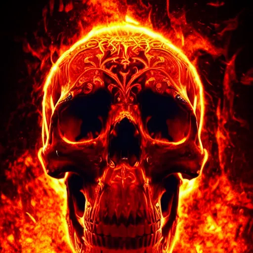 Prompt: a highly detailed human skull with intricate designs on fire in front of a glowing red background, 3 d, fire through eyes, octane render, symmetrical, hyper realism, highly detailed, digital art, artstation, concept art, cinematic lighting, strong bokeh, trending