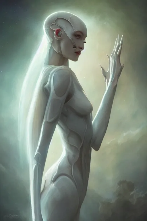 Image similar to a subtle lighting photo of an elegant beautiful alien queen, light colors, bright, sunbeams, eloquent, fancy, lovely, beautiful lighting, artgerm, tom bagshaw, gerald brom,