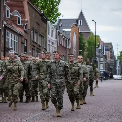 Prompt: documentary style photo of the military patrolling Eindhoven city during Lockdown, award winning photo