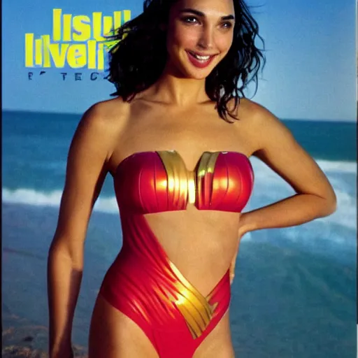 Prompt: Gal Gadot on the cover of Swimsuit Illustrated (1978)