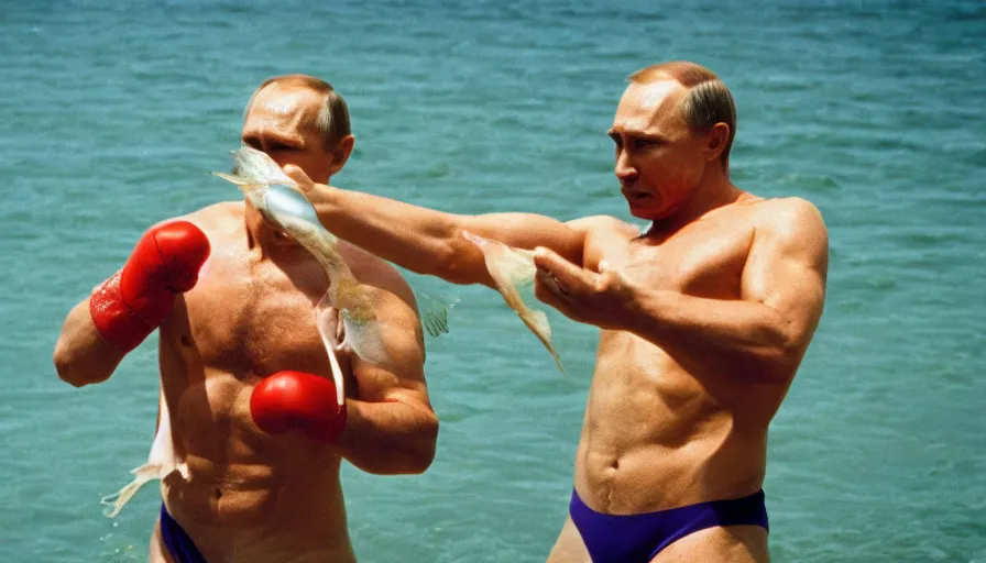 Prompt: 7 0 s movie still of putin in speedo, punching a salmon in the face, focus on face. cinestill 8 0 0 t _ 3 5 mm eastmancolor, heavy grain, high quality, high detail