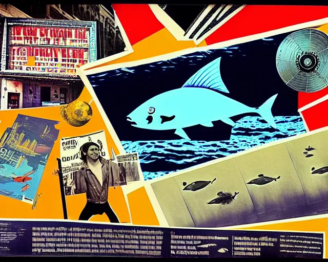 Image similar to footage of a theater stage, 1976 poster, cut out collage, film noir, break of dawn on Neptun, epic theater, tropical fish, nautical maps, NY style grafitti, in style of Monty Python, composition by Prince, written by Ernst Jandl, lens flare