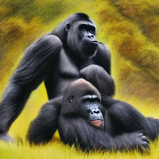 Prompt: gorilla putting a grizzly bear in a full nelson headlock, pencil art, sharp image, 4 k, textures, colorful, forest scenery