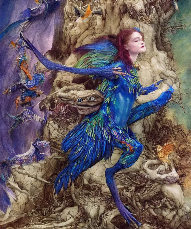 Image similar to a portrait photograph of a meditating fierce sadie sink as a colorful harpy bird super hero with blue striped skin with scales. she is transforming into a amphibian. by donato giancola, hans holbein, walton ford, gaston bussiere, peter mohrbacher and brian froud. 8 k, cgsociety, fashion editorial