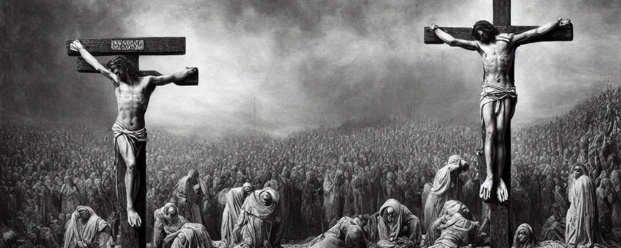 Image similar to the crucifixion of jesus christ, photorealistic, highly detailed, texture, soft light, dramatic, moody, ambient, painting by gustave dore