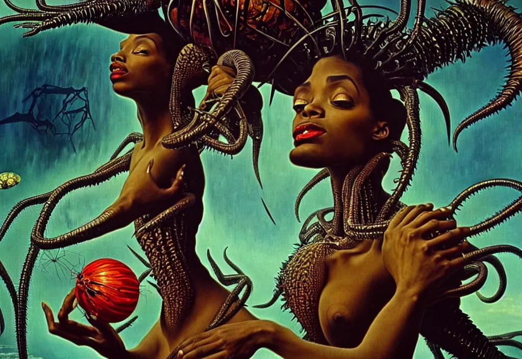 Image similar to realistic detailed portrait movie shot of a beautiful black woman dancing with a giant spider, futuristic sci fi landscape background by denis villeneuve, jean deville, yves tanguy, ernst haeckel, alphonse mucha, max ernst, caravaggio, roger dean, sci fi necklace, fashion, masterpiece, rich moody colours