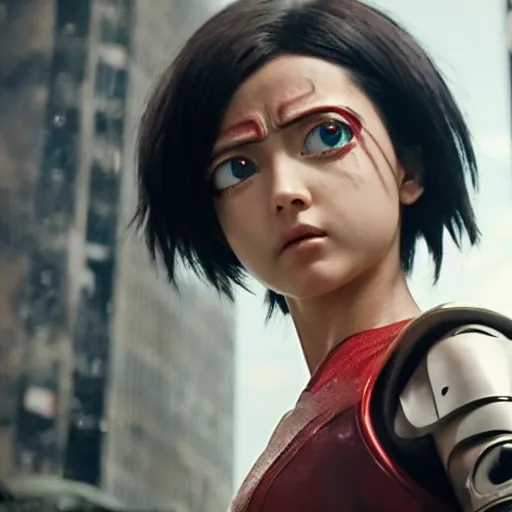 Image similar to cinematic still of kamen rider in alita : battle angel ( 2 0 1 9 ), xf iq 4, f / 1. 4, iso 2 0 0, 1 / 1 6 0 s, 8 k, raw, dramatic lighting, symmetrical balance, in - frame