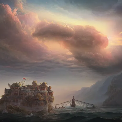 Prompt: beautiful matte painting of floating fort in the sky, mai anh tran,