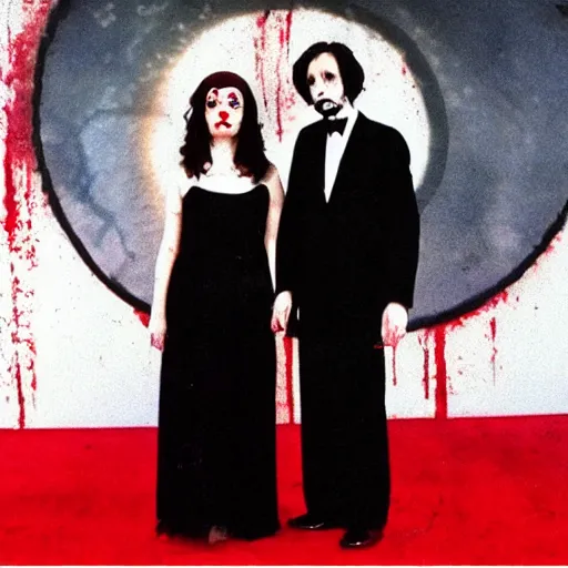 Image similar to a man standing next to a woman on a red carpet, a picture by george manson, tumblr, international gothic, freakshow, hellish background, gothic