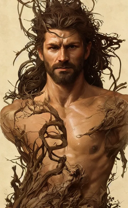 Image similar to god of the forest, 30 years old, rugged, male, gorgeous, detailed face, detailed hands!!!!!!, amazing, thighs!!!!!!, muscular, intricate, highly detailed, digital painting, artstation, concept art, sharp focus, illustration, art by greg rutkowski and alphonse mucha