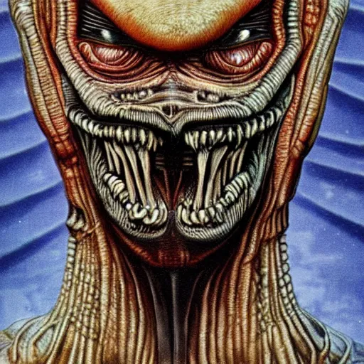 Prompt: alien trump, sharpt teeth, by h. r. giger, nightmare fuel, nightmarish, intricate, highly detailed, optical illusion