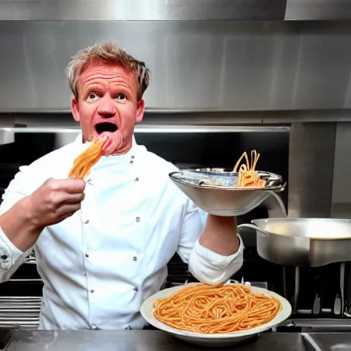 Image similar to < photo hd trending > gordon ramsey literally foaming at the mouth with hunger after seeing a gigantic bowl of spaghetti < / photo >