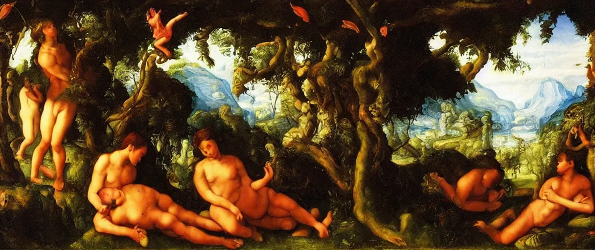 Prompt: the garden of eden, warm lighting, oil painting, by by raphael