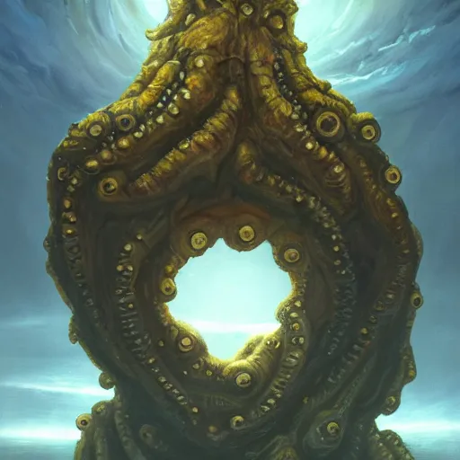 Image similar to a continent in the shape of a lovecraftian old god protruding from the earth oil painting. oil on canvas. award winning. dramatic. trending on artstation 8 k