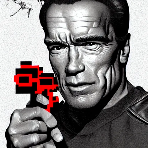 Image similar to Arnold Schwarzenegger, The Terminator model 101 stands tall in club \'Tech Noir\' pointing an UZI 9mm sub machine gun at his targets forehead, The red laser sights can be seen through the dry ice. detailed, digital painting, artstation, concept art, smooth, sharp focus, illustration, art by artgerm and greg rutkowski and alphonse mucha