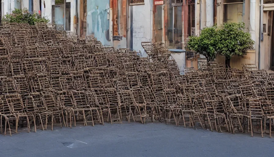 Image similar to chairs piled up ten meters high along the walls of the street, hyperrealistic shaded