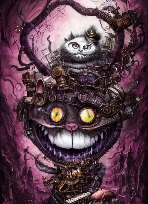 Image similar to cheshire cat, angry, scary, cheeky, steampunk googles, highly detailed, cinematic, 8 k, by megan duncanson, benjamin lacombe, stanley artgermm, tom bagshaw, craig mullins, carne griffiths, ayami kojima, beksinski, giger, trending on deviantart, hyper detailed, horror, full of colour