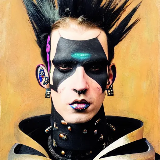 Image similar to an award finning and amazing portrait by akseli kallen gallela and john howe of a male cyberpunk punk rocker clothed in excessively fashionable 8 0 s haute couture fashion and wearing geometric face paint