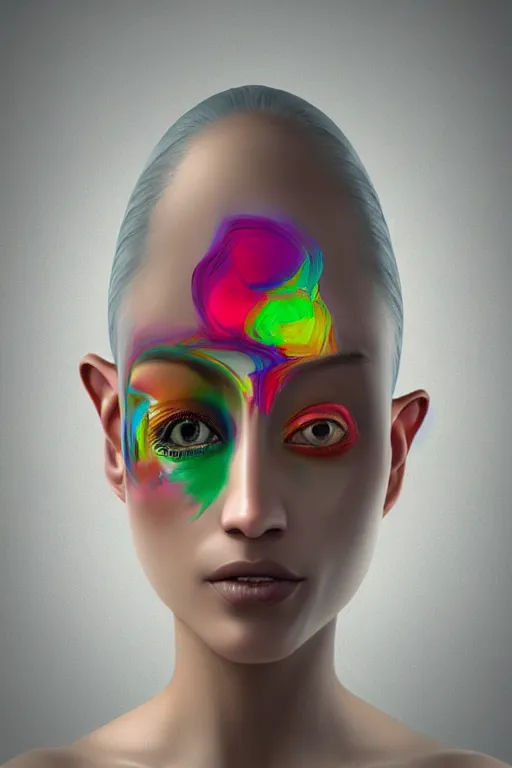 Prompt: a beautiful woman's face with one colorful eye, beautiful woman cyclopes, a 3 d render by igor morski, cgsociety, psychedelic art, daz 3 d, behance hd, rendered in cinema 4 d