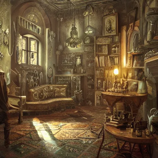 Prompt: detailed painting of a bohemian interior room with celestial ephemeral ornaments and hr giger architecture, artstation, greg crewdson, cinematic