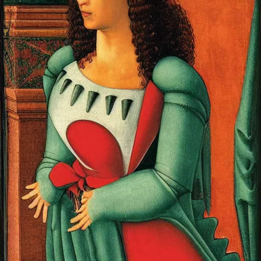 Image similar to portrait of an anthropomorphic stegosaurus, dressed as an italian princess, sandro bottecelli, 1 5 0 0