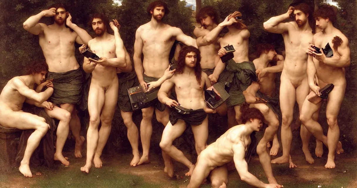 Image similar to large group of pre-Raphaelite muscular athletic male gamers wearing headsets holding laptops playstation5 x-box and PC by Bouguereau and raphael