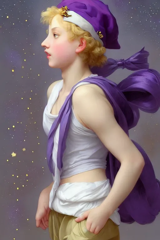 Image similar to Full View girl with short blond hair wearing an oversized purple Beret, Baggy Purple overall shorts, Short Puffy pants made of silk, silk shoes, a big billowy scarf, Golden Ribbon, and white leggings Covered in stars. Short Hair. masterpiece 4k digital illustration by Ruan Jia and Mandy Jurgens and Artgerm and william-adolphe bouguereau, award winning, Artstation, art nouveau aesthetic, Alphonse Mucha background, intricate details, realistic, panoramic view, Hyperdetailed, 8k resolution, intricate art nouveau