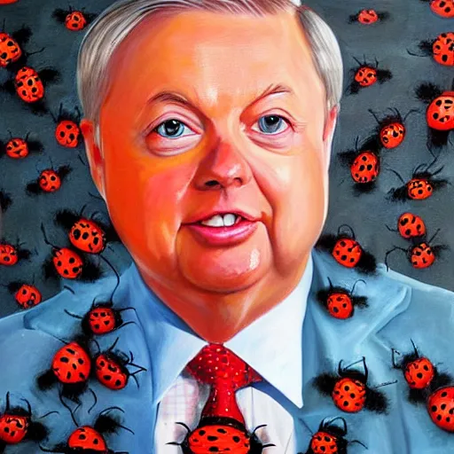Prompt: painting of lindsey graham composed of ladybugs. masterpiece oil painting.